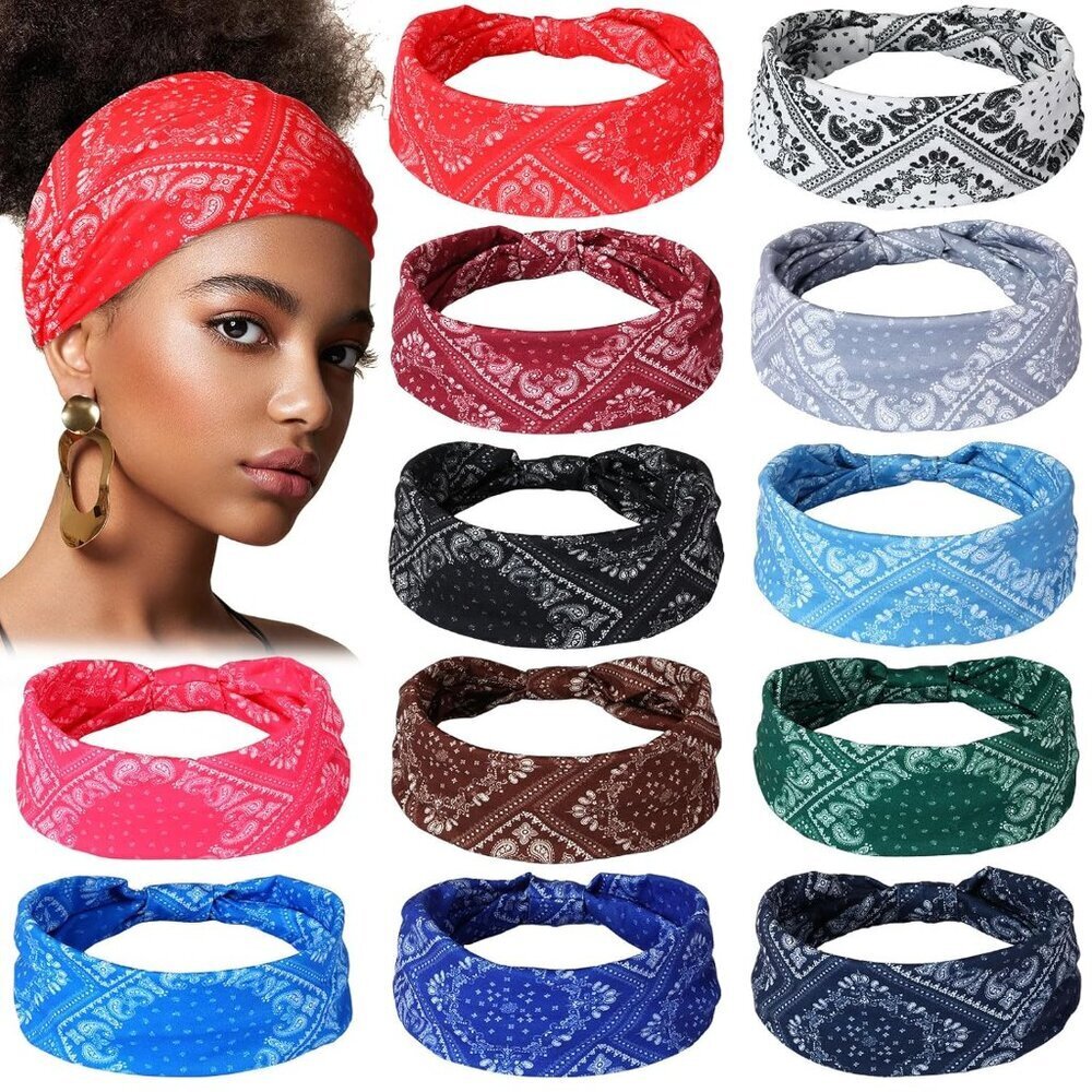 12 Pcs Assorted Bandeau Headbands - Wide Elastic Boho Chiffon Headwraps for Wome